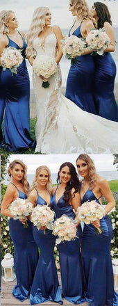 Cheap Modest  Unique Custom Soft Sexy Spaghetti Straps Long Dark Blue Bridesmaid Dresses , WG267 - SposaBridal