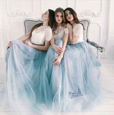 Cheap Two Piece Round Neck Long Light Blue Grey Silver Purple Lilac Tulle With Top Lace  Bridesmaid Dresses, WG270