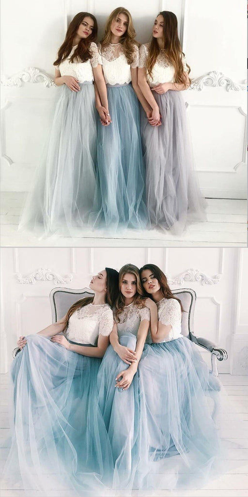 Cheap Two Piece Round Neck Long Light Blue Grey Silver Purple Lilac Tulle With Top Lace  Bridesmaid Dresses, WG270