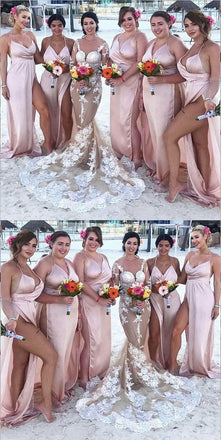Cheap Modest Sexy Blush Side Split Spaghetti Straps Simple Bridesmaid Dresses, WG271 - SposaBridal
