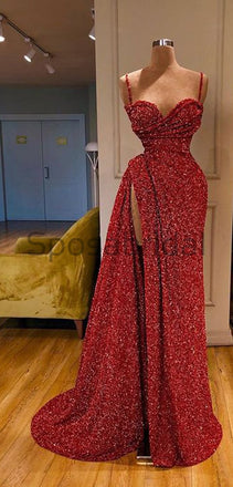 Cheap Newest Sparkly Red Sequin Spaghetti Srtaps Mermaid Modest Fashion Long Prom Dresses PD1580