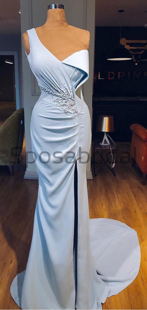Cheap One Shoulder Blue Side Slit Unique Elegant Mermaid Formal Long Prom Dresses PD1795