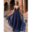 Cheap Saghetti Straps Navy Blue V-neck Sequin A-line Long Fashion Prom Dresses PD1447