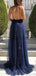 Cheap Saghetti Straps Navy Blue V-neck Sequin A-line Long Fashion Prom Dresses PD1447