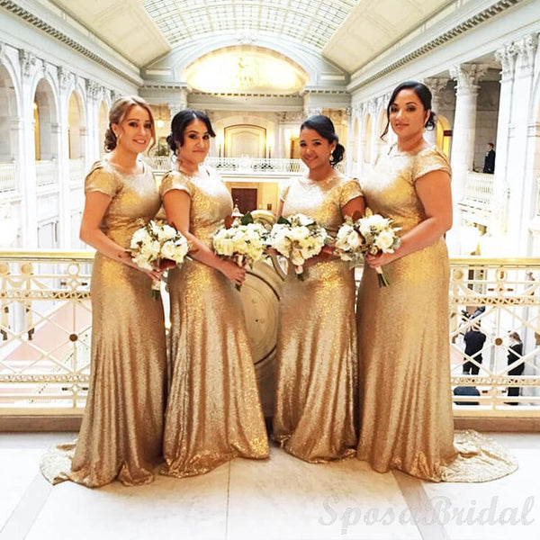 Cheap Sequin Sparkly Champagne Long Elegant Best Sale Bridesmaid Dress – SposaBridal