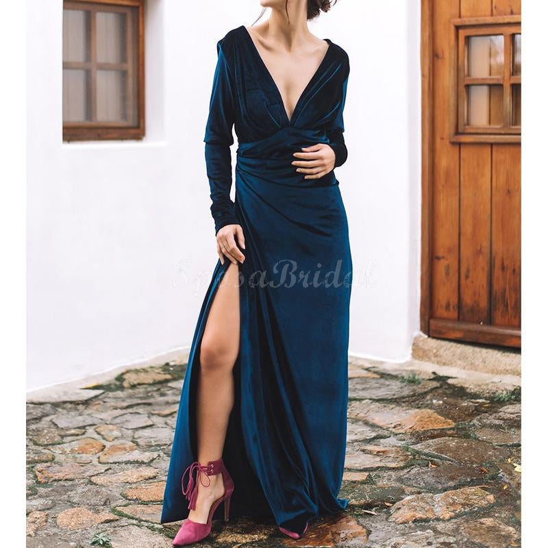 Cheap Simple Elegant Long Sleeves Velvet Soft Side Slit Long Prom Dresses PD1425