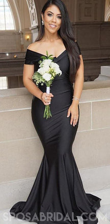 Simple Hot Prom Dresses, Off Shoulder Long Mermaid Black Bridesmaid Dresses, PD1158