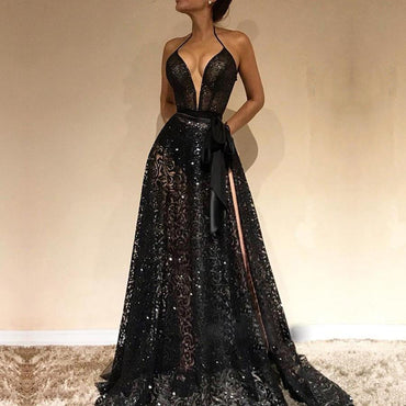 Cheap Spaghetti Straps Sexy Black V-Neck Evening Gowns,  2019 New Lace Prom Dress With Slit, PD0580 - SposaBridal