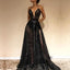 Sparkly Sexy Halter Lace Black V-Neck A-line Side-slit Long Prom Dress, PD0580