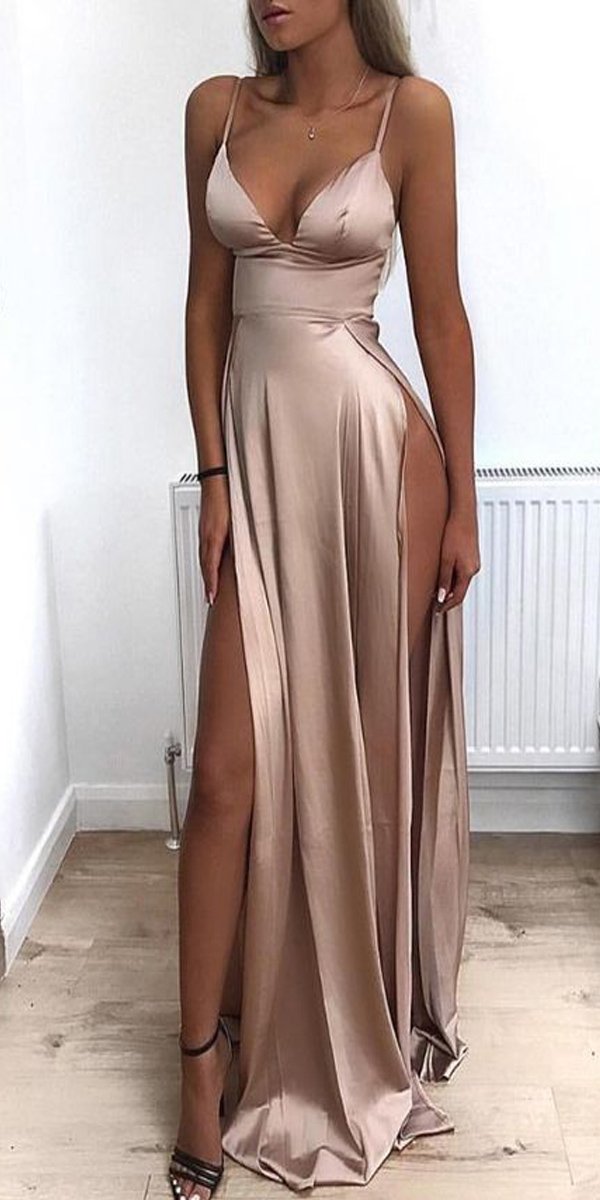 Sexy Spaghetti Strap V-neck Double Side-slit Simple Prom Party Dresses SposaBridal Sexy Spaghetti Strap V-neck Double Side-slit Simple Prom Party Dresses SposaBridal