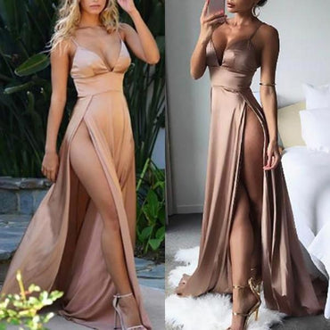 Sexy Spaghetti Strap V-neck Double Side-slit Simple Prom Party Dresses, PD1032
