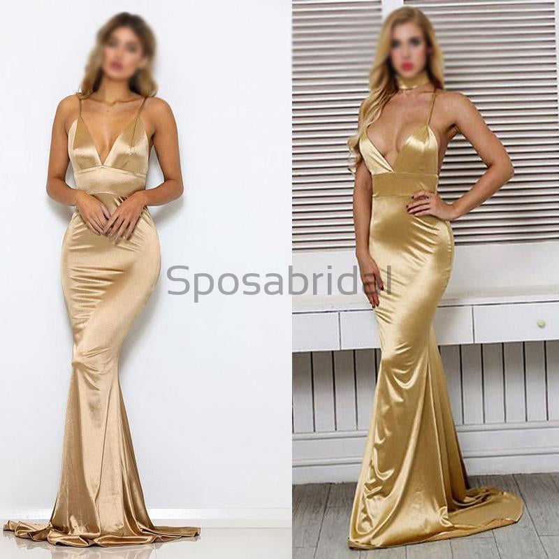 Cheap Spaghetti Straps V-Neck Simple Mermaid Gold Formal Long Prom Dresses PD1800