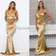 Cheap Spaghetti Straps V-Neck Simple Mermaid Gold Formal Long Prom Dresses PD1800