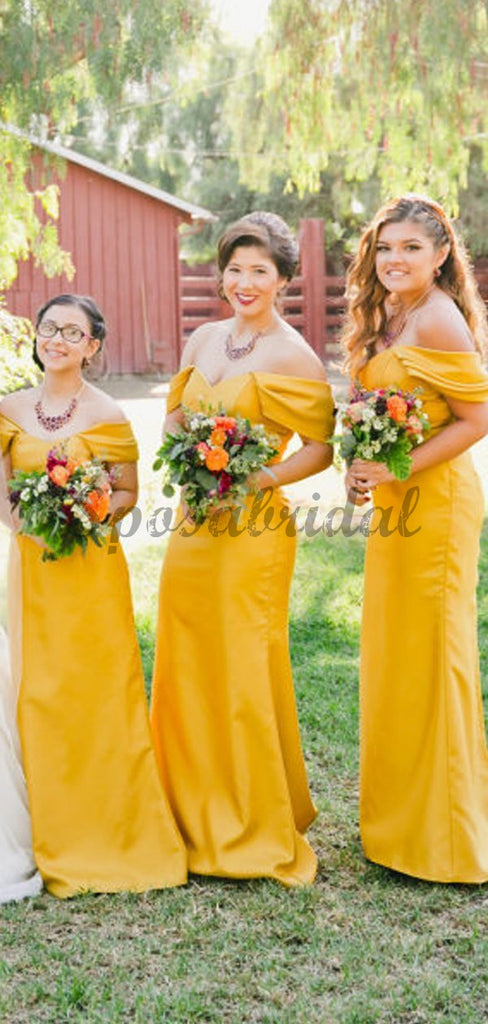Cheap Yellow Pleating Off Shoulder Sheath Simple Elegant Long Bridesmaid Dresses WG587