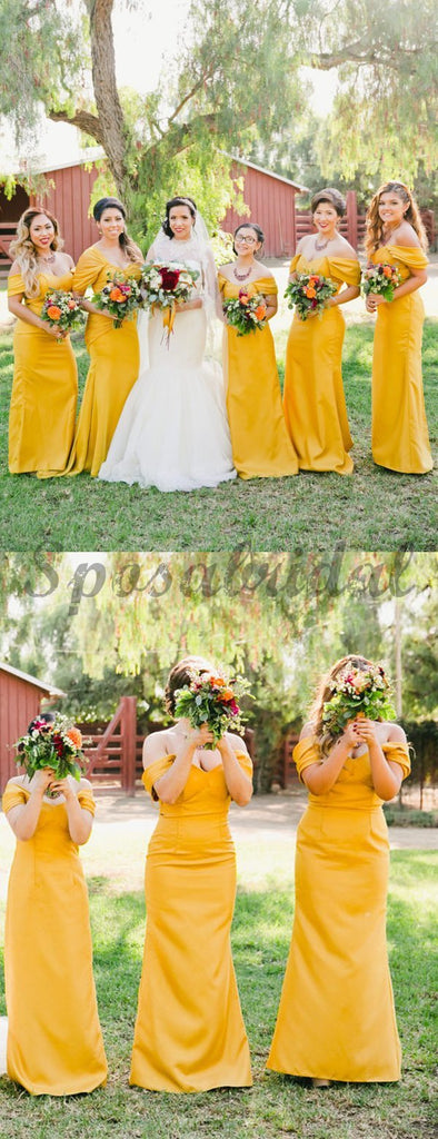 Cheap Yellow Pleating Off Shoulder Sheath Simple Elegant Long Bridesmaid Dresses WG587