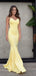 Cheap Yellow Spaghetti Straps Simple Open Back Mermaid Long Prom Dresses PD1427