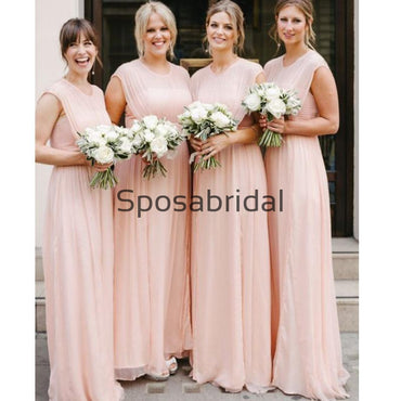 Chiffon Pink Cheap Unique Round Neck Long Bridesmaid Dresses WG853