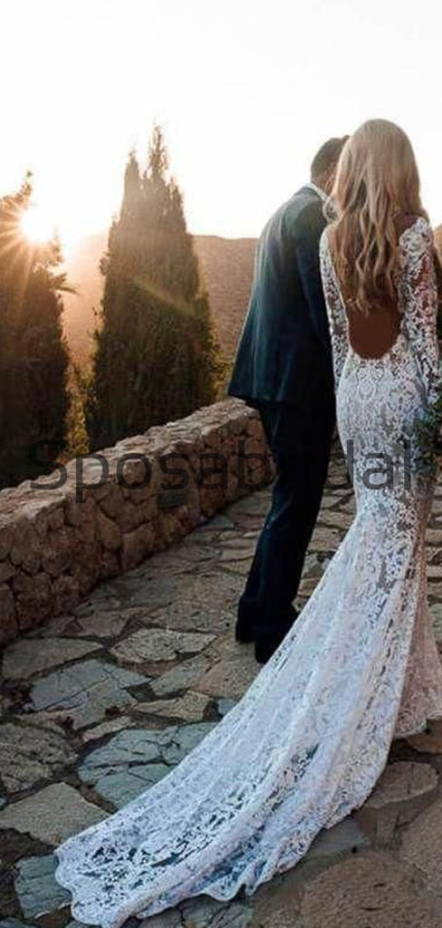 Country Full Lace Mermaid Long Sleeves Open Back Modest Wedding Dresses WD0447