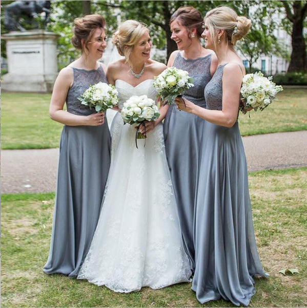 Custom Cheap Bridesmaid dress Lace Top Modest Grey Chiffon