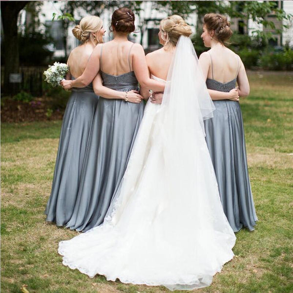 Custom Cheap Bridesmaid dress, Lace Top Modest Grey Chiffon Bridesmaid