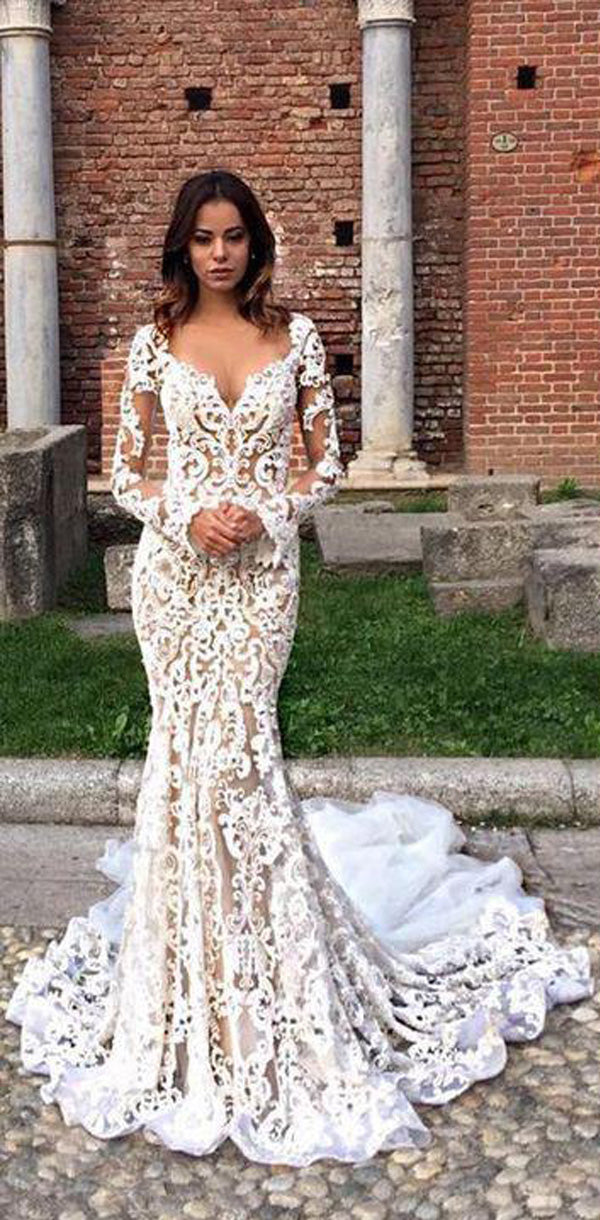 Luxury Long Sleeves Lace Elegant Mermaid Wedding Dresses, Bridal