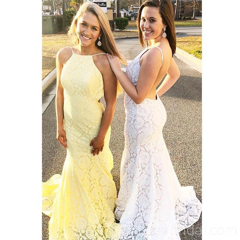 Custom Mermaid Yellow Open Bck Spaghetti Straps lace Long Prom Dresses, PD1355