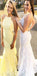 Custom Mermaid Yellow Open Bck Spaghetti Straps lace Long Prom Dresses, PD1355