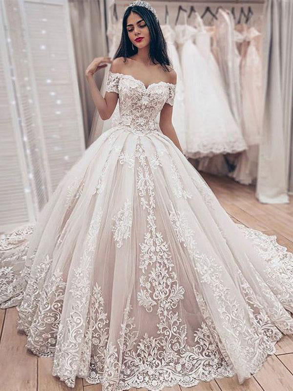 modest off the shoulder wedding dress Modest Off-the-Shoulder Satin Wedding Dress with Detachable Sweep Train