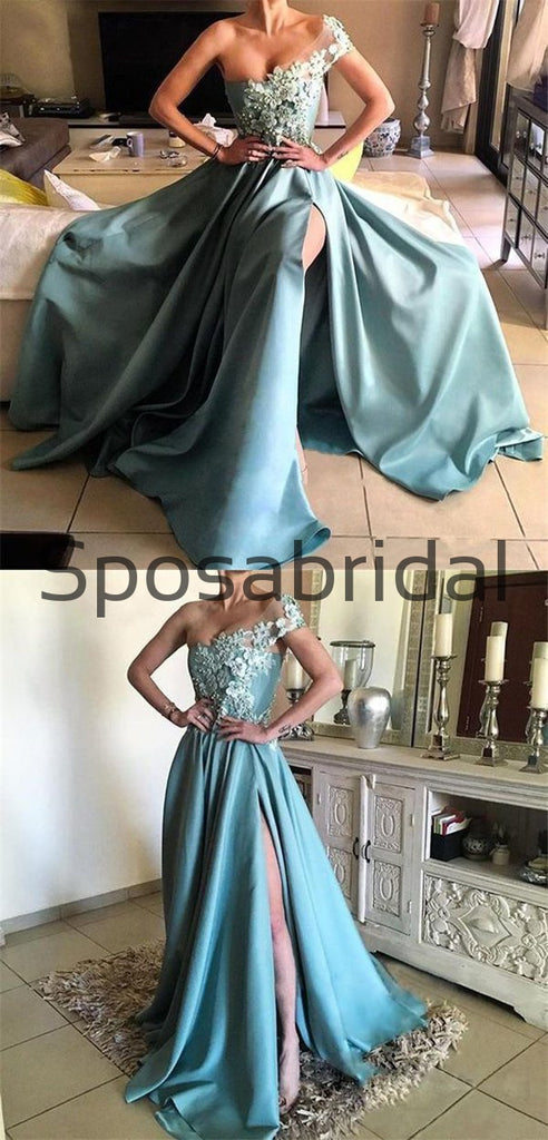 Custom One Shoulder Side Slit Satin A-line Long Formal Prom Dresses, Party Dress PD1875