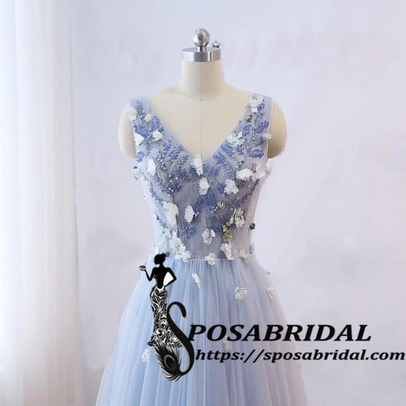 Long Blue Tulle Custom Bridesmaid Dresses, V-Neck Sleeveless Prom Dresses ,WG323