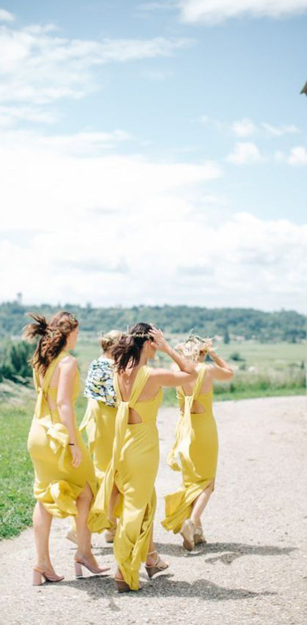Custom Yellow Sheath Side Slit Elegant Unique Design Long Fall Bridesm SposaBridal Custom Yellow Sheath Side Slit Elegant Unique Design Long Fall Bridesm SposaBridal