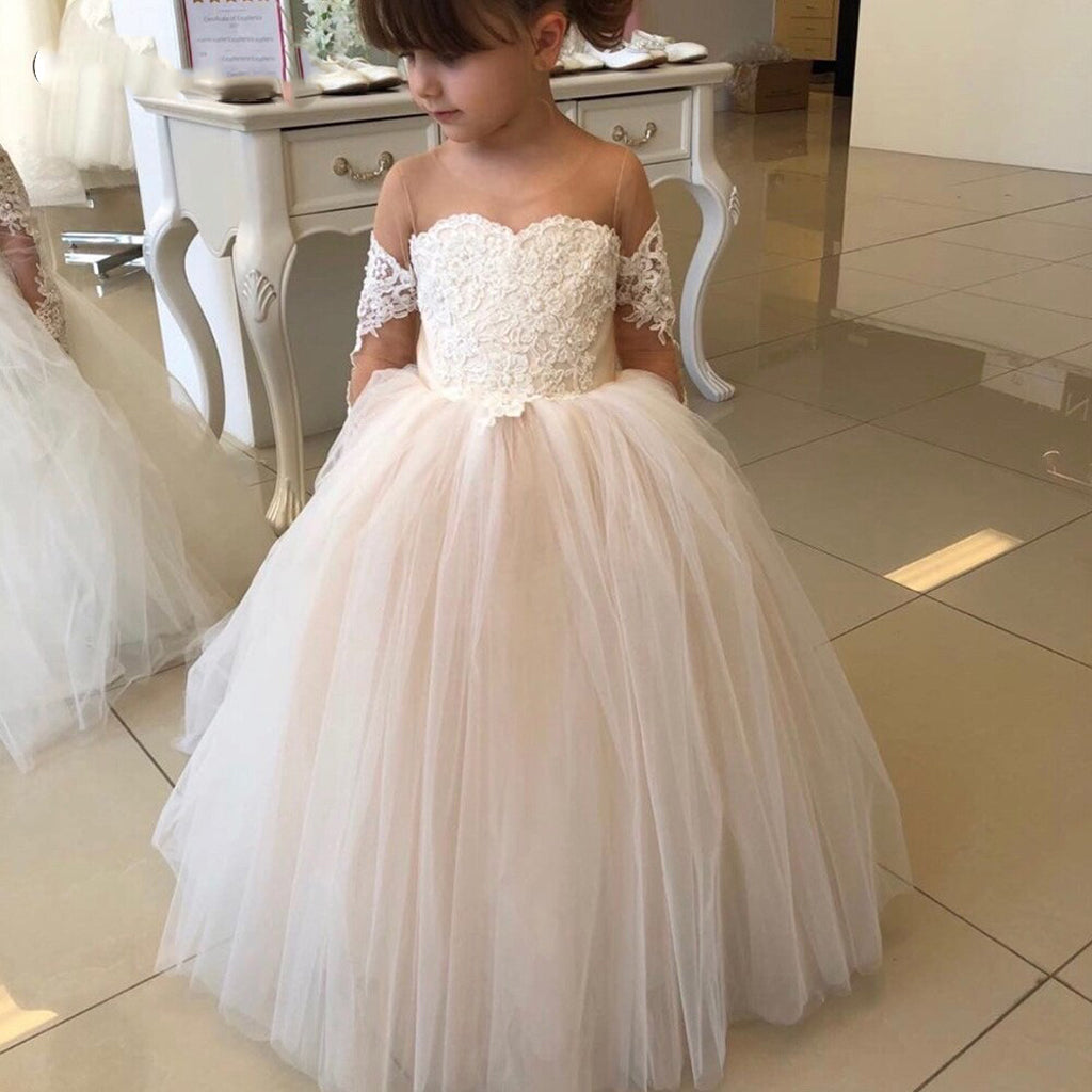 Cute A-line Long Sleeves Lace Tulle Illusion Flower Girl Dresses FG154