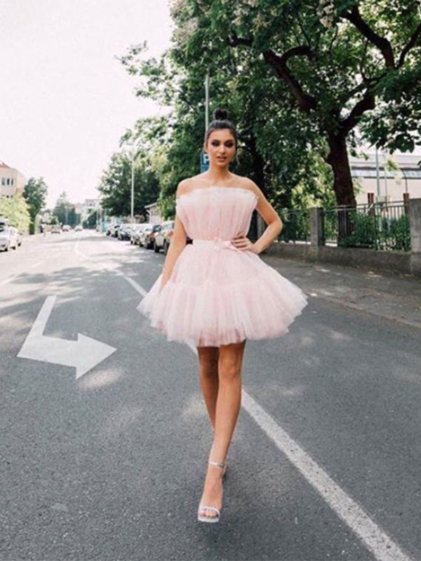 pink mini homecoming dress Short Strapless Blush Hoco Dress: JT960AB Blush / 2 or any special occasion Simple Pink Spaghetti Straps Mini