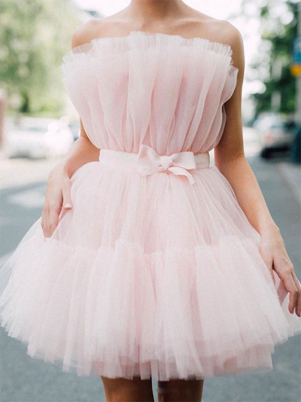 Cute Blush Pink Pleats With Bow Tie Belt Short A-line Mini Homecoming SposaBridal Cute Blush Pink Pleats With Bow Tie Belt Short A-line Mini Homecoming SposaBridal