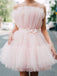 Cute Blush Pink Pleats With Bow Tie Belt Short A-line Mini Homecoming Dress, HD3085