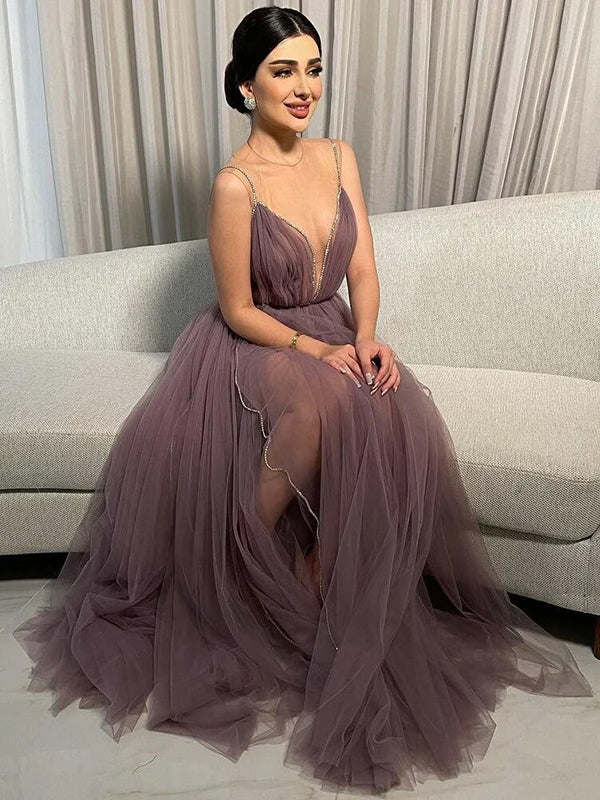 dusty mauve prom dress Spaghetti Strap Tulle Prom Dresses Dusty Purple Lace Applique Tiered Elegant Prom Gown Robe de Bal