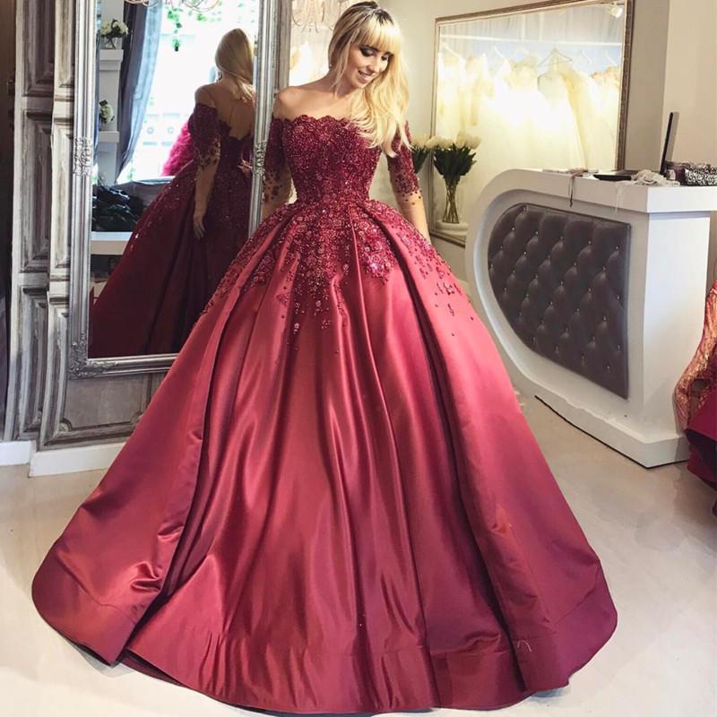 red lace prom dress with sleeves