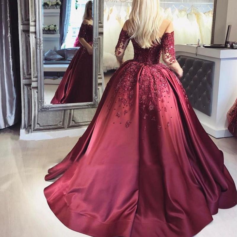 Dark Red Beading Prom Dress with Corset, Off the Shoulder Short Sleeve