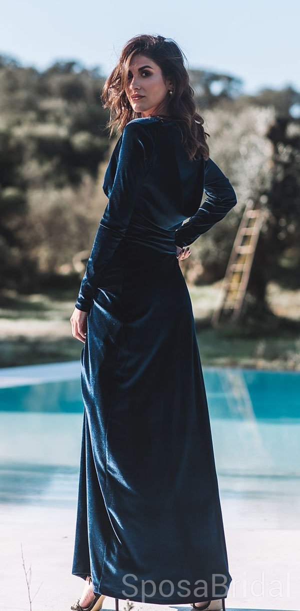 Deep V Neck Long Sleeves Side Slit Modest Velvet Long Formal Elegant P SposaBridal Deep V Neck Long Sleeves Side Slit Modest Velvet Long Formal Elegant P SposaBridal