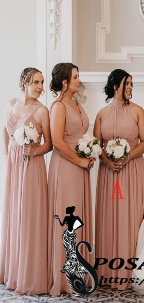 Dusty Pink Long Sleeveless Mismatched Cheap Chiffon Bridesmaid Dresses SposaBridal Dusty Pink Long Sleeveless Mismatched Cheap Chiffon Bridesmaid Dresses SposaBridal