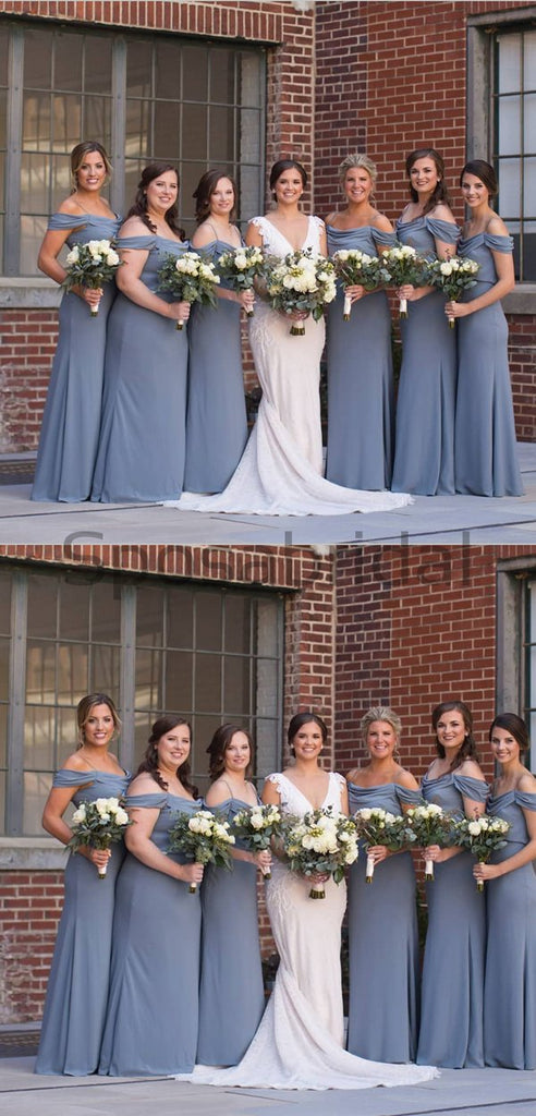 Dusty Blue Spaghetti Straps Off the Shoulder Simple Cheap Bridesmaid Dresses WG590