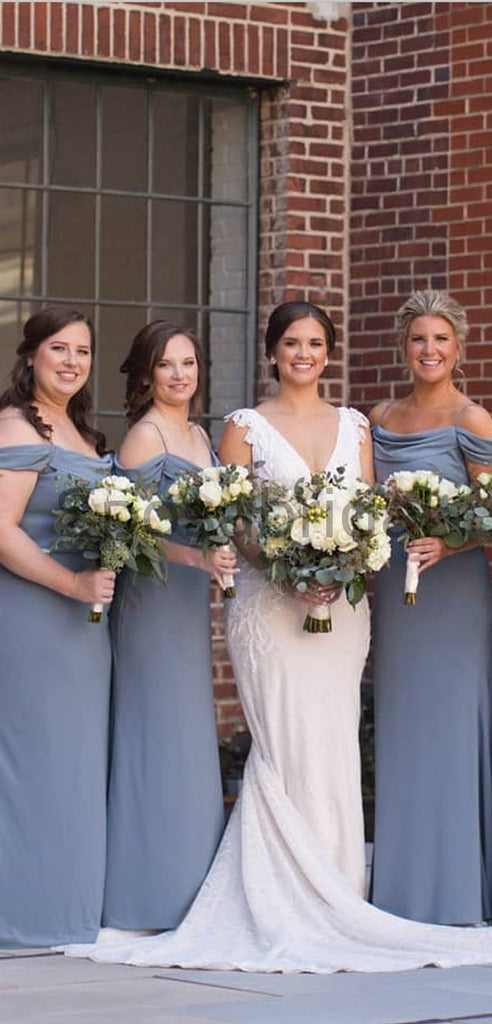 Dusty Blue Spaghetti Straps Off the Shoulder Simple Cheap Bridesmaid Dresses WG590