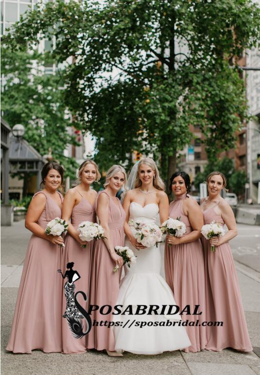 Dusty Pink Long Sleeveless Mismatched Cheap Chiffon Bridesmaid Dresses SposaBridal Dusty Pink Long Sleeveless Mismatched Cheap Chiffon Bridesmaid Dresses SposaBridal