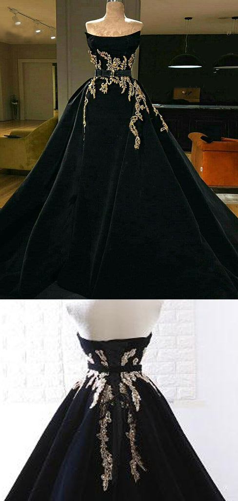 Elegant Black Strapless Gold Lace A-line Modest Long Prom Dresses, PD1962