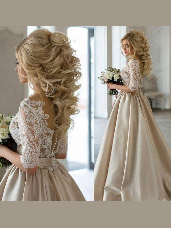 Elegant Champagne Gold Modest Half-sleeve Lace Top A-line Wedding Dres SposaBridal Elegant Champagne Gold Modest Half-sleeve Lace Top A-line Wedding Dres SposaBridal