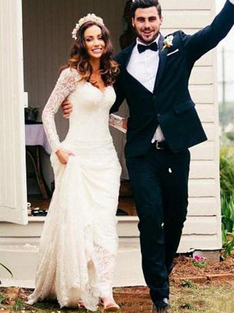 Elegant Lace Long Sleeve Backless Mermaid Long Wedding Dresss, PD0225