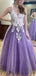 Elegant Lilac Lavender Lace Floral V-neck Backless A-line Long Prom Dress, PD3136