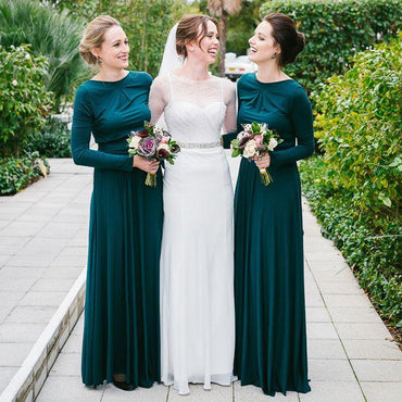 Dusty Blue And Gray Short Sleeves Soft Mermaid Round Neck Long Bridesmaid  Dresses, BD3275