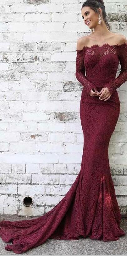 Elegant Mermaid Off-the-Shoulder Burgundy Lace Long Sleeves Prom Party Dresses, PD0867