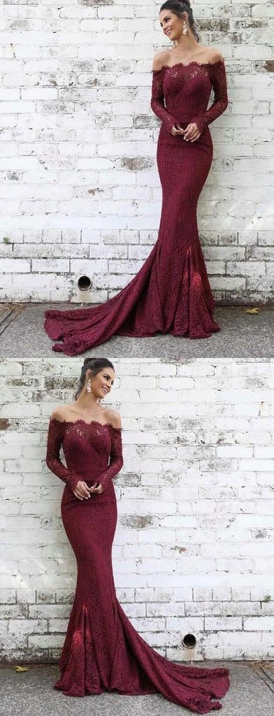 Elegant Mermaid Off-the-Shoulder Burgundy Lace Long Sleeves Prom Party Dresses, PD0867